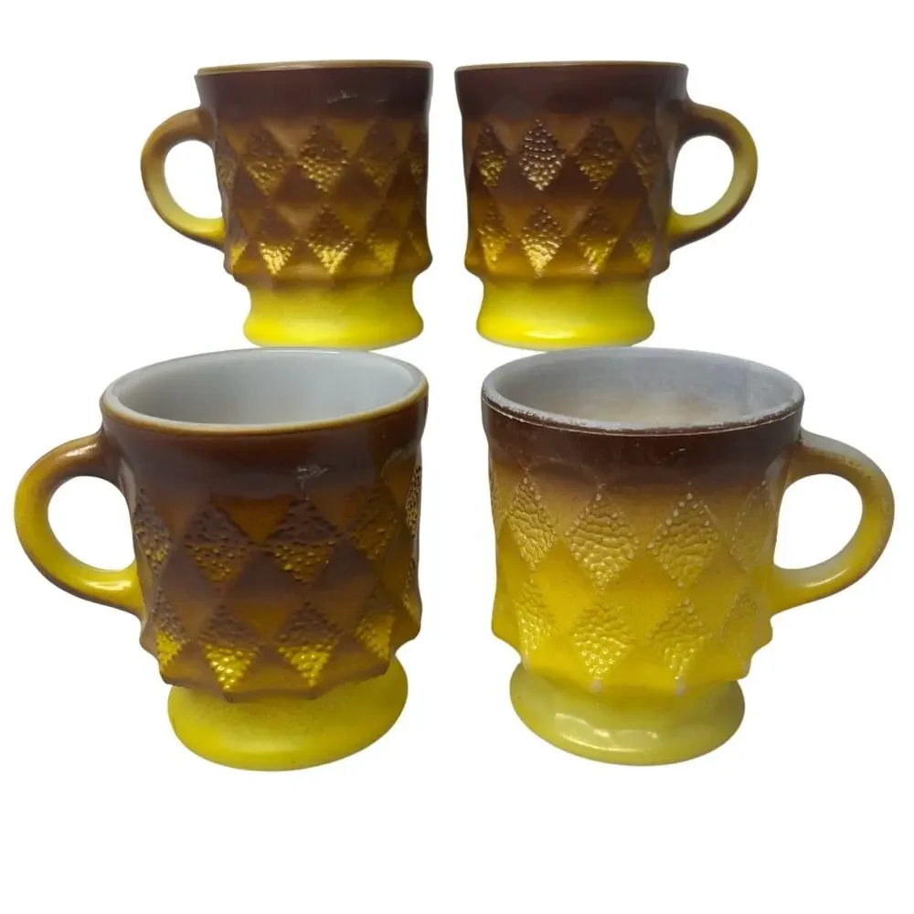 Vintage 70s Fire King Anchor Hocking Set 4 Yellow Brown Ombre Cups Mugs Coffee